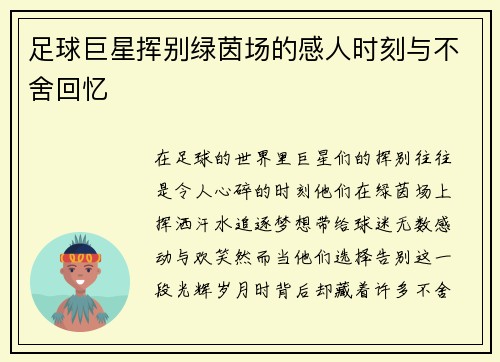 足球巨星挥别绿茵场的感人时刻与不舍回忆