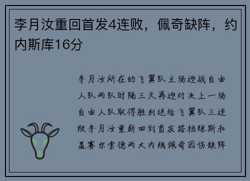 李月汝重回首发4连败，佩奇缺阵，约内斯库16分